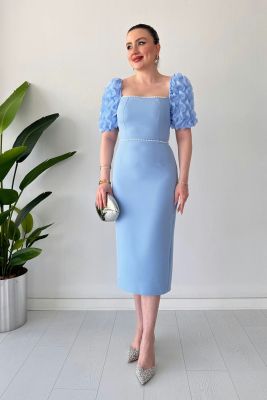İnci Detay Tasarım Elbise Mavi - Thumbnail