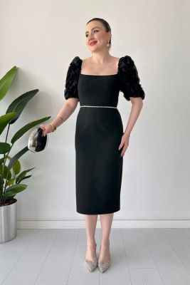 İnci Detay Tasarım Elbise Siyah - Thumbnail