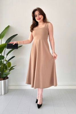 Kalın Askılı Krep Elbise Bej - Thumbnail