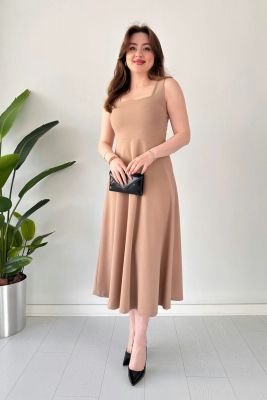Kalın Askılı Krep Elbise Bej - Thumbnail