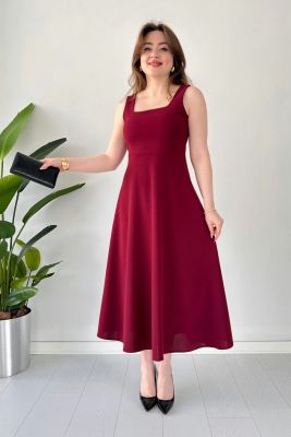 Kalın Askılı Krep Elbise Bordo - Thumbnail