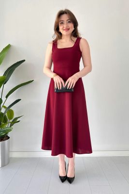 Kalın Askılı Krep Elbise Bordo - Thumbnail