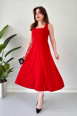 Kalın Askılı Krep Elbise Kırmızı - Thumbnail