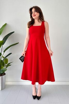 Kalın Askılı Krep Elbise Kırmızı - Thumbnail