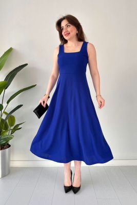 Kalın Askılı Krep Elbise Saks Mavisi - Thumbnail