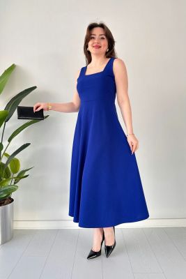 Kalın Askılı Krep Elbise Saks Mavisi - Thumbnail