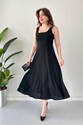 Kalın Askılı Krep Elbise Siyah - Thumbnail