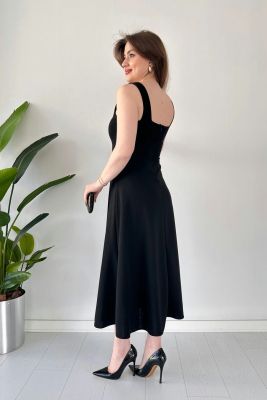 Kalın Askılı Krep Elbise Siyah - Thumbnail