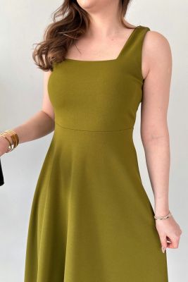 Kalın Askılı Krep Elbise Yağ Yeşili - Thumbnail
