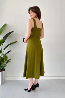 Kalın Askılı Krep Elbise Yağ Yeşili - Thumbnail