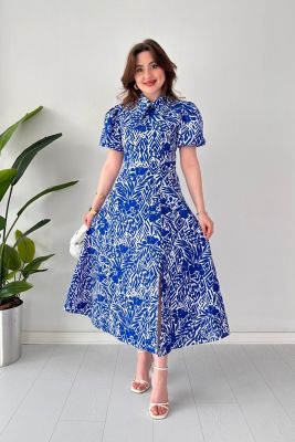 Kalın Yakalı Poplin Elbise Mavi - Thumbnail