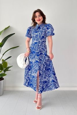 Kalın Yakalı Poplin Elbise Mavi - Thumbnail