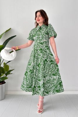 Kalın Yakalı Poplin Elbise Yeşil - Thumbnail