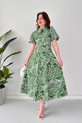 Kalın Yakalı Poplin Elbise Yeşil - Thumbnail