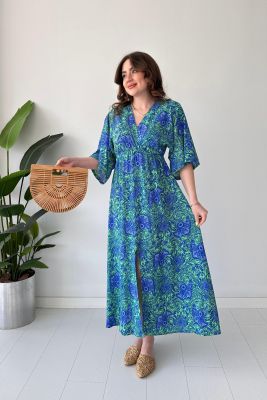 Karanfil Yarasa Elbise Mavi - Thumbnail