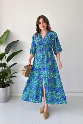 Karanfil Yarasa Elbise Mavi - Thumbnail