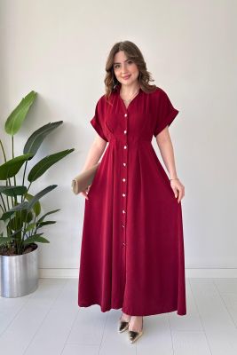 Kare Düğmeli Elbise Bordo - Thumbnail