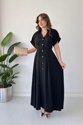 Kare Düğmeli Elbise Siyah - Thumbnail