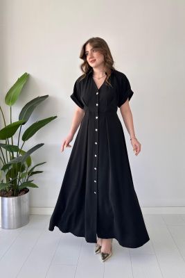 Kare Düğmeli Elbise Siyah - Thumbnail
