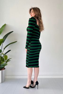 Kare Yaka Çizgili Triko Elbise Yeşil - Thumbnail