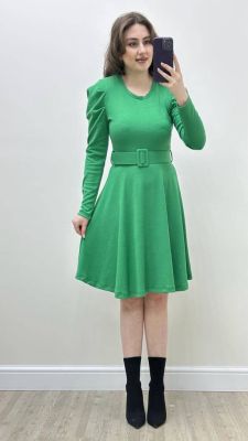 MAZİ BUTİK - Karpuz Kol Kloş Elbise Yeşil