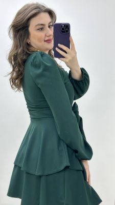 Katlı Krep Elbise Zümrüt Yeşili - Thumbnail