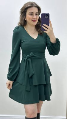 Katlı Krep Elbise Zümrüt Yeşili - Thumbnail