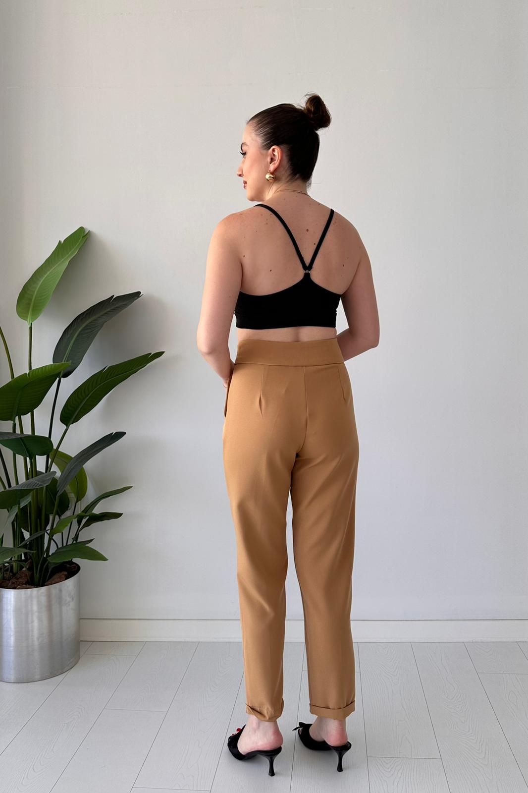 Katlı Krep Pantolon Camel - Thumbnail
