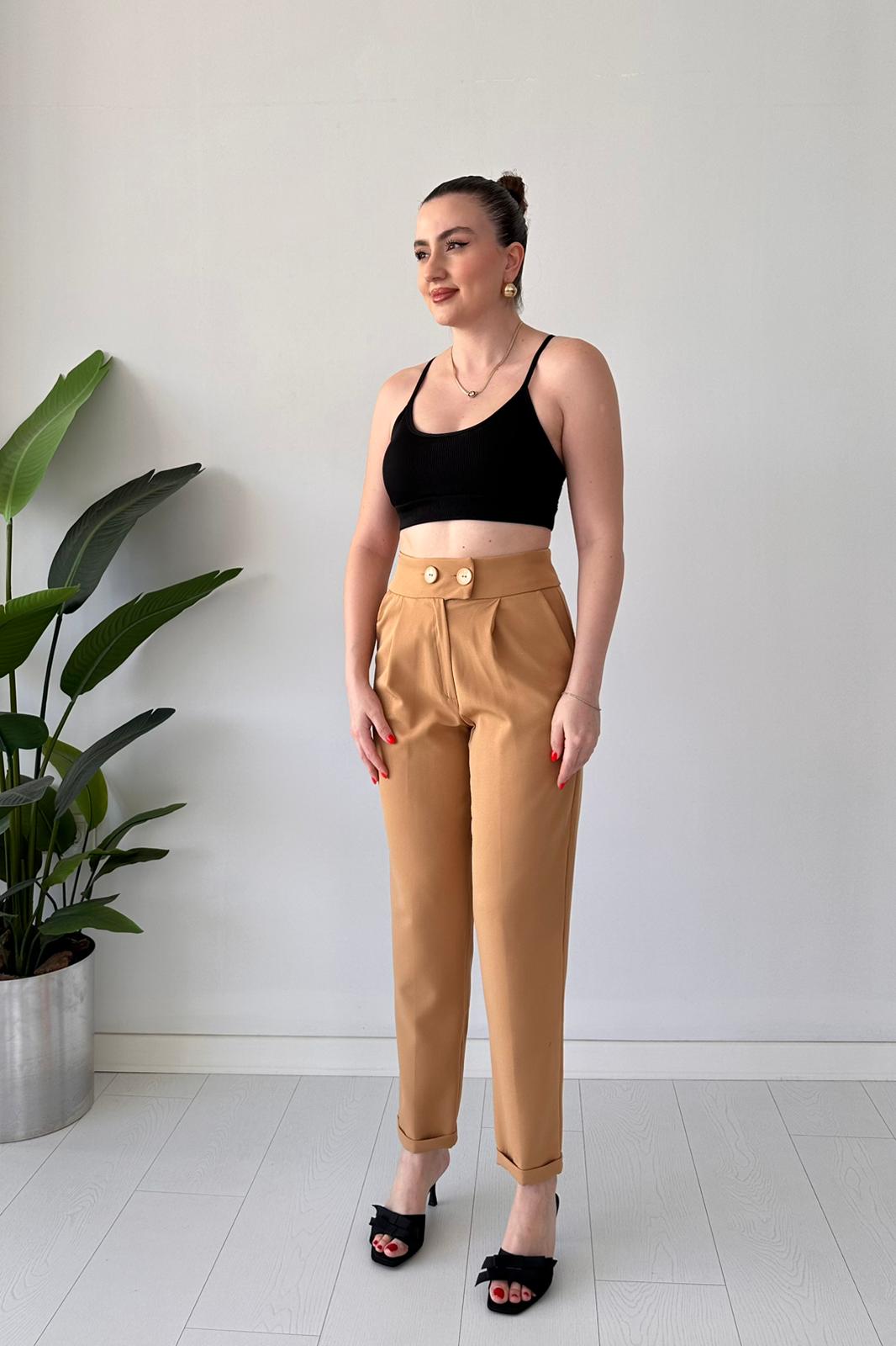 Katlı Krep Pantolon Camel - Thumbnail