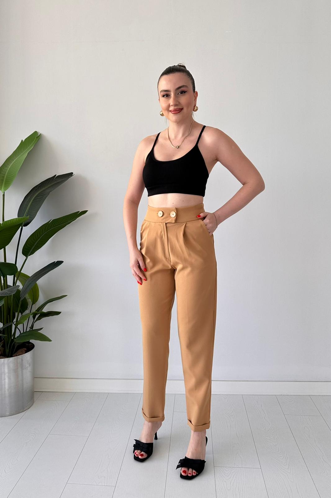 Katlı Krep Pantolon Camel - Thumbnail