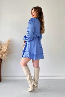Katlı Saten Elbise Mavi - Thumbnail