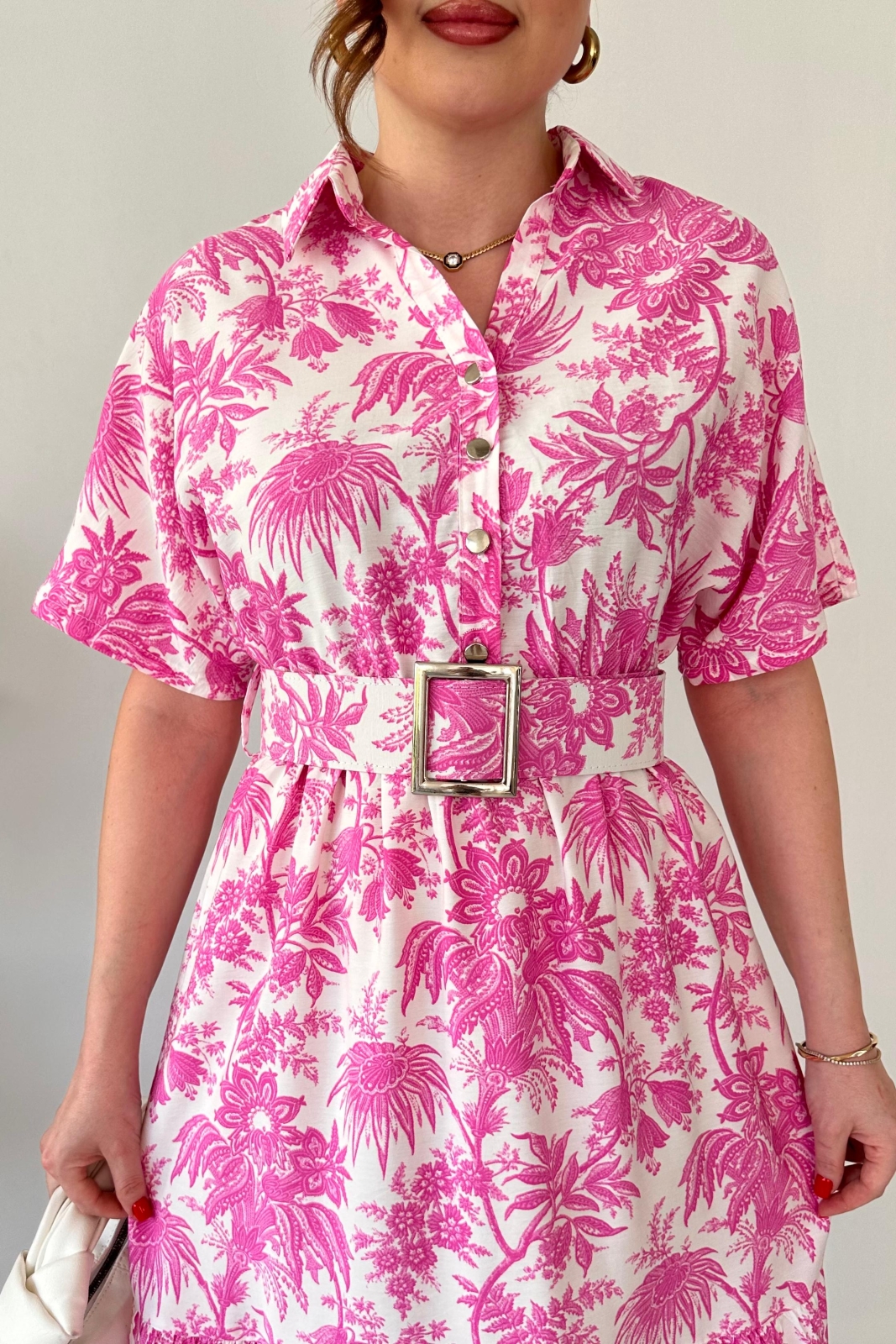 Kemerli Floral Elbise Pembe - Thumbnail