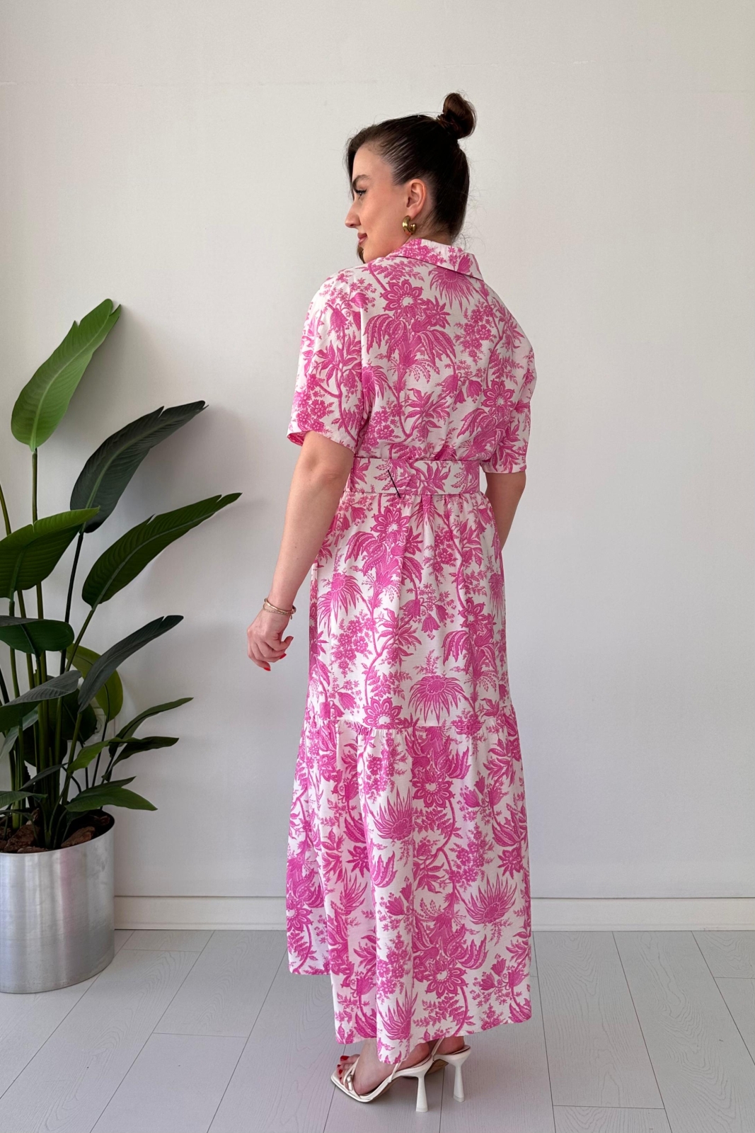 Kemerli Floral Elbise Pembe - Thumbnail
