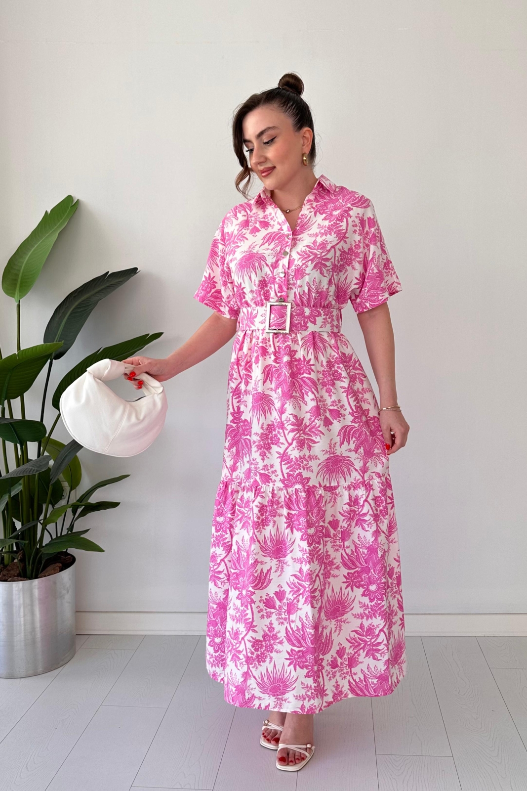 Kemerli Floral Elbise Pembe - Thumbnail
