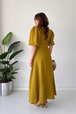 Kemerli Müslin Elbise Yağ Yeşili - Thumbnail