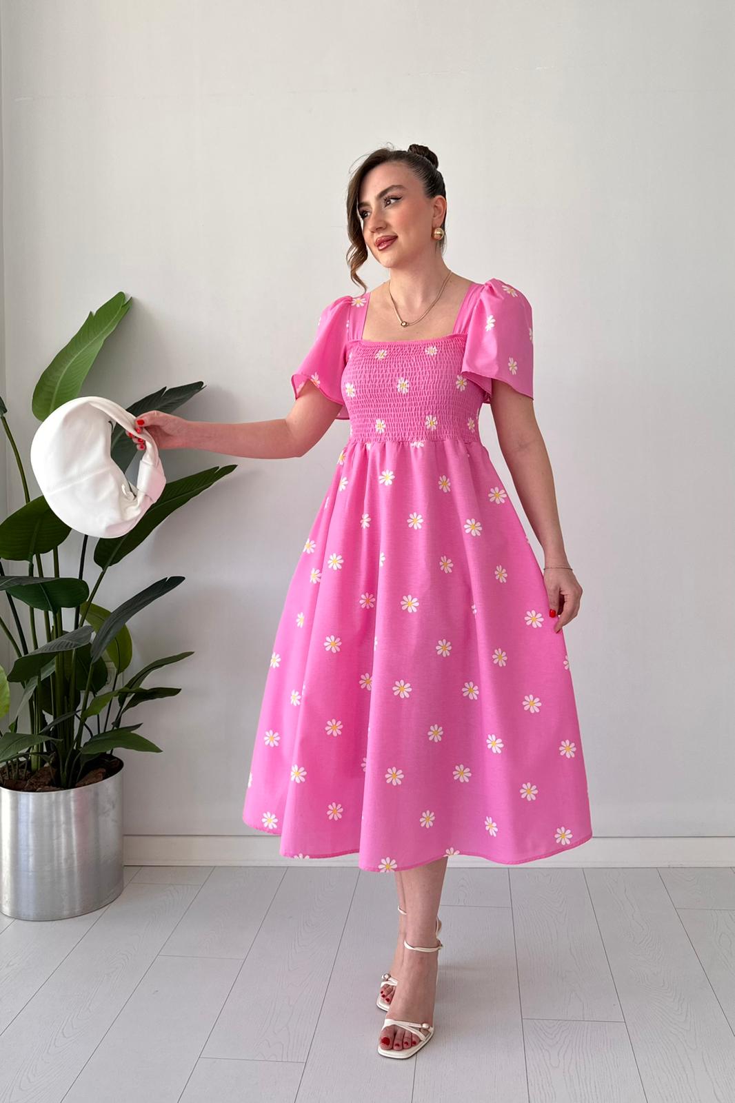 Papatyalı Çan Kol Poplin Elbise Pembe - Thumbnail