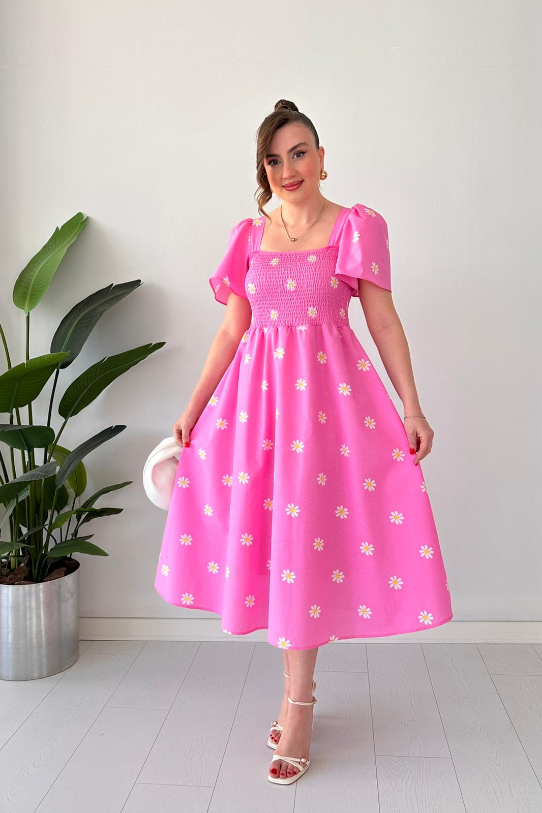 Papatyalı Çan Kol Poplin Elbise Pembe - Thumbnail