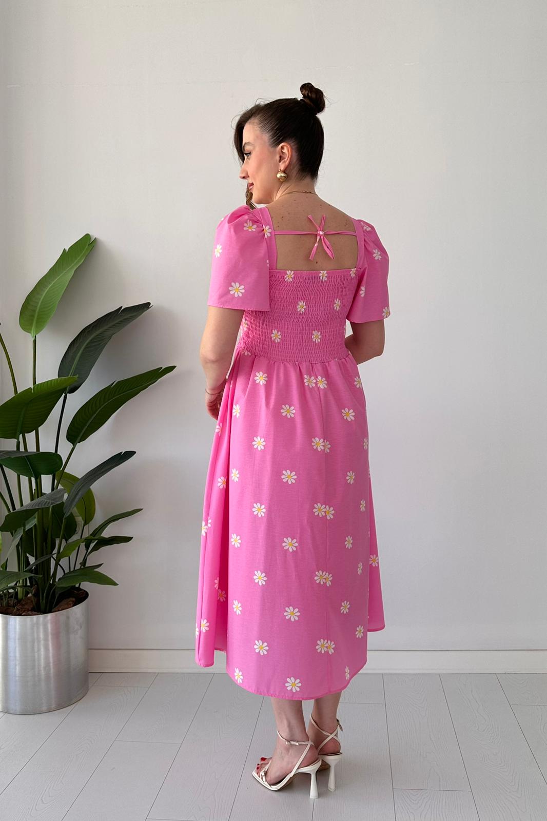 Papatyalı Çan Kol Poplin Elbise Pembe - Thumbnail