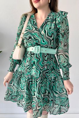 Kemerli Wave Şifon Elbise Yeşil - Thumbnail