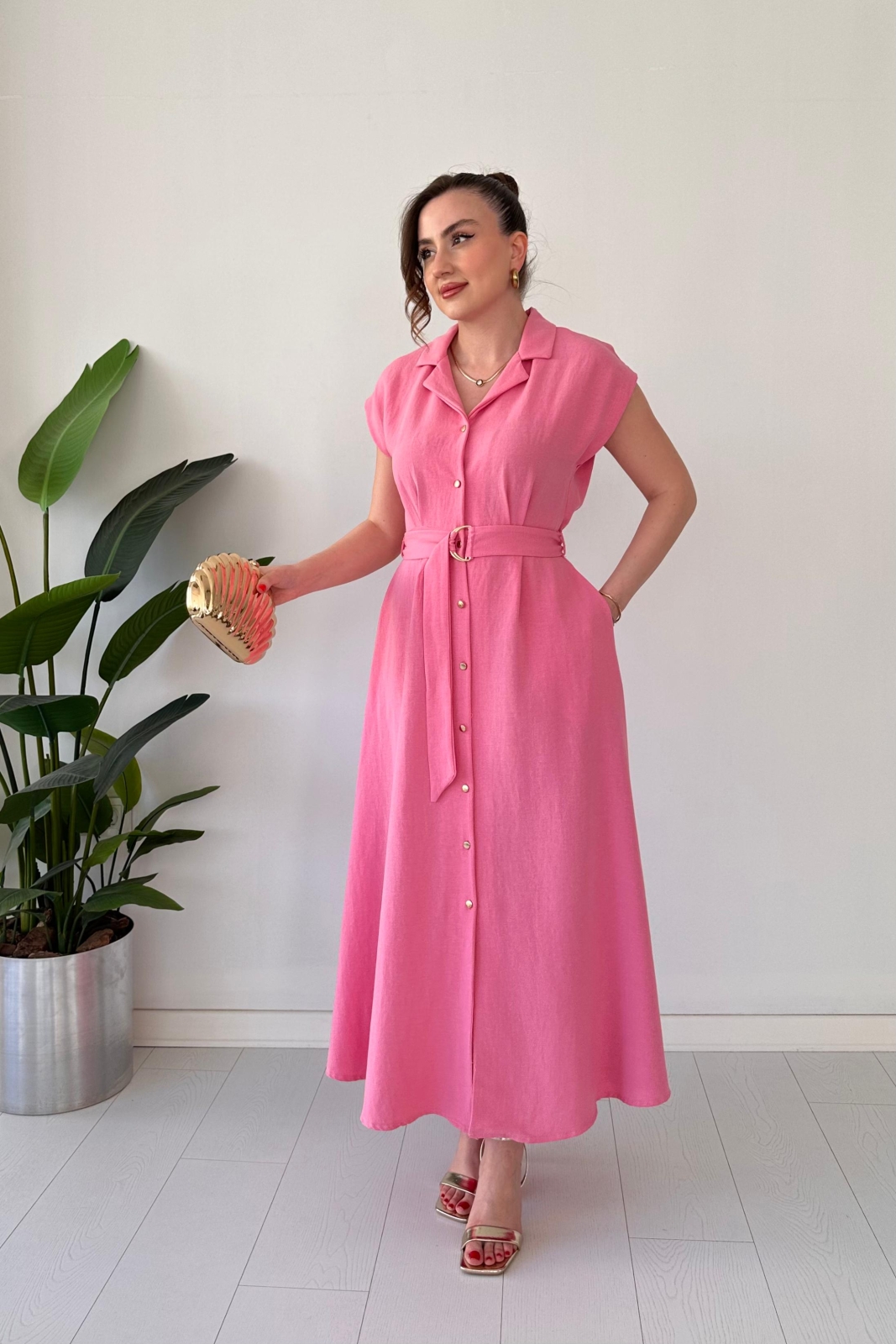 Keten Gömlek Elbise Pembe - Thumbnail