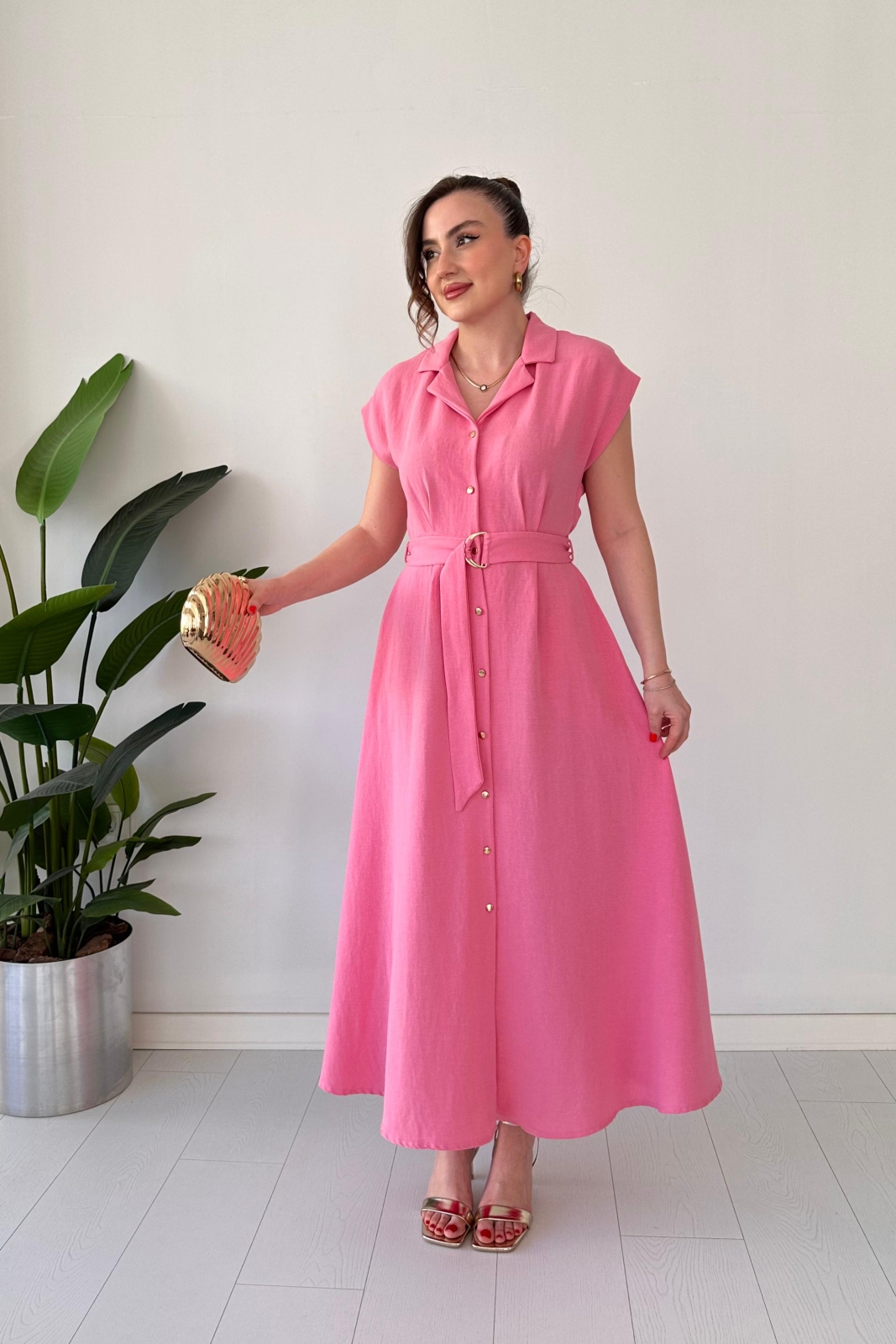 Keten Gömlek Elbise Pembe - Thumbnail