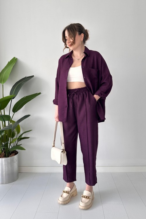 Costume deux pièces en lin prune