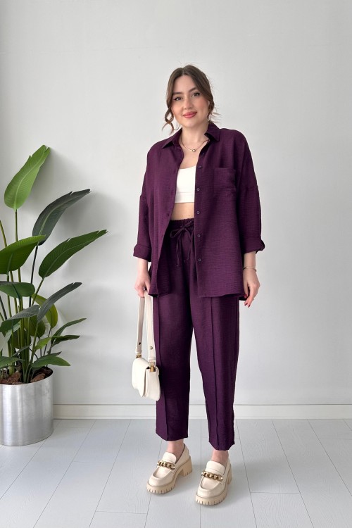 Costume deux pièces en lin prune