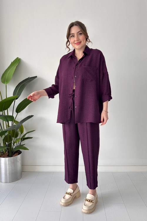 Costume deux pièces en lin prune
