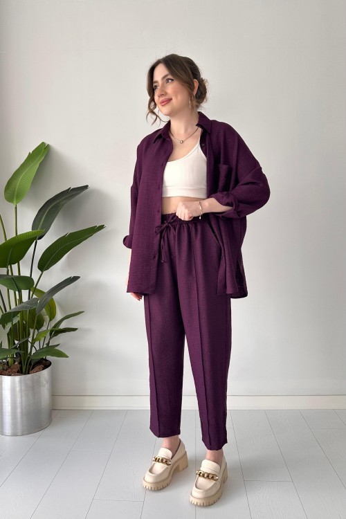 Costume deux pièces en lin prune