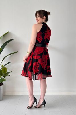 Kısa Halter Yaka Şifon Elbise Kırmızı - Thumbnail