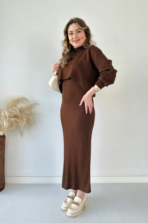 Kısa Kazaklı Triko Elbise Kahverengi