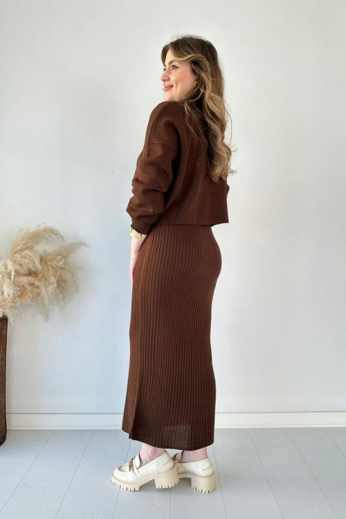 Kısa Kazaklı Triko Elbise Kahverengi