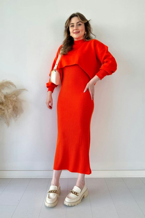 Kısa Kazaklı Triko Elbise Oranj