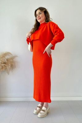Kısa Kazaklı Triko Elbise Oranj - Thumbnail